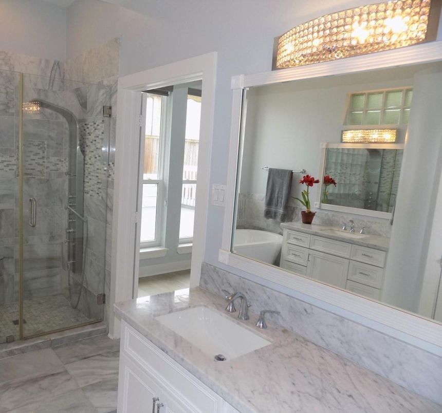 Bathroom, Dual Sink Vanities, Glass Shower, Interior, Marble, Marble Walls