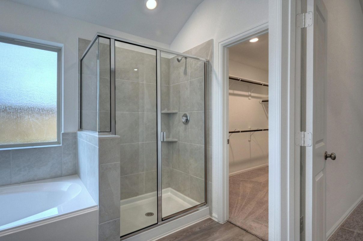 Bathroom, Glass Shower, Interior, Recessed Lighting, Walk-in Closets, Wood Texture Flooring