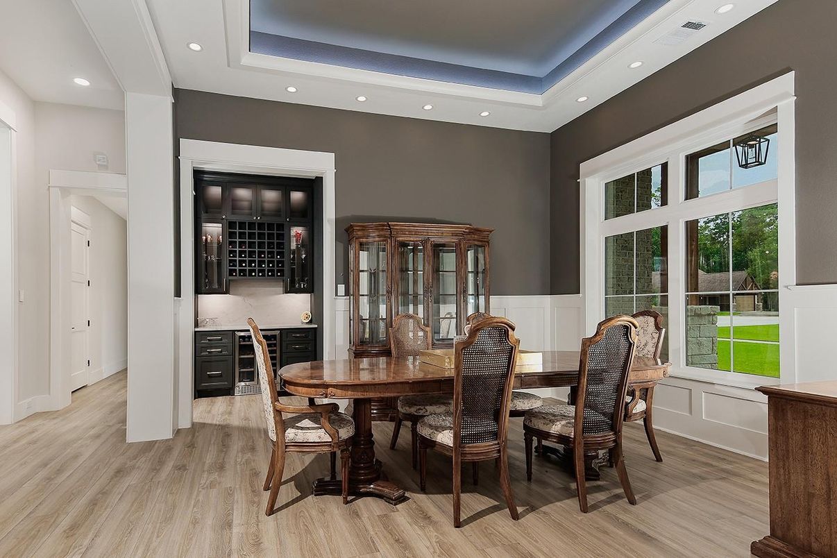 Dining room, Interior, Recessed Lighting, Wood Texture Flooring