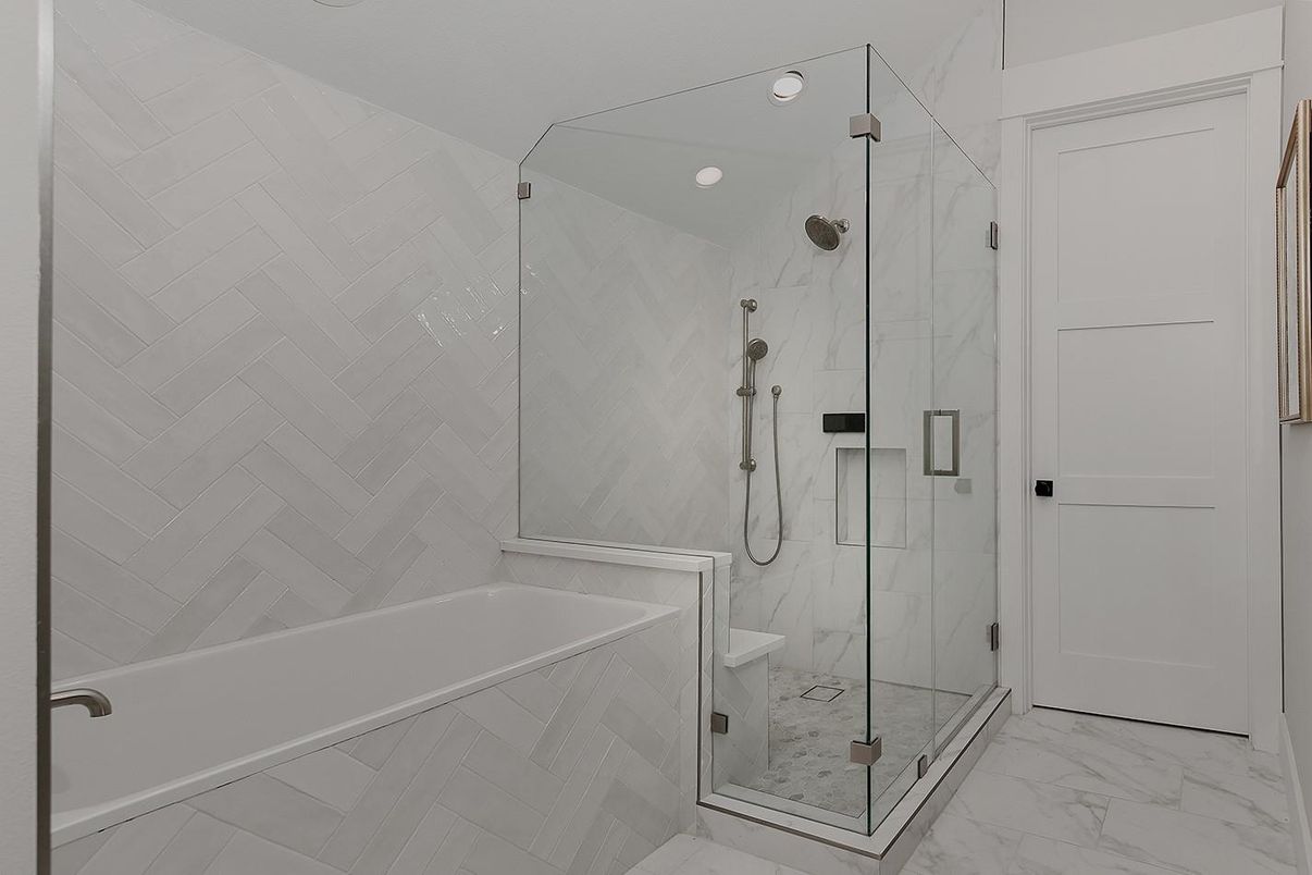 Bathroom, Glass Shower, Interior, Marble, Marble Walls, Recessed Lighting
