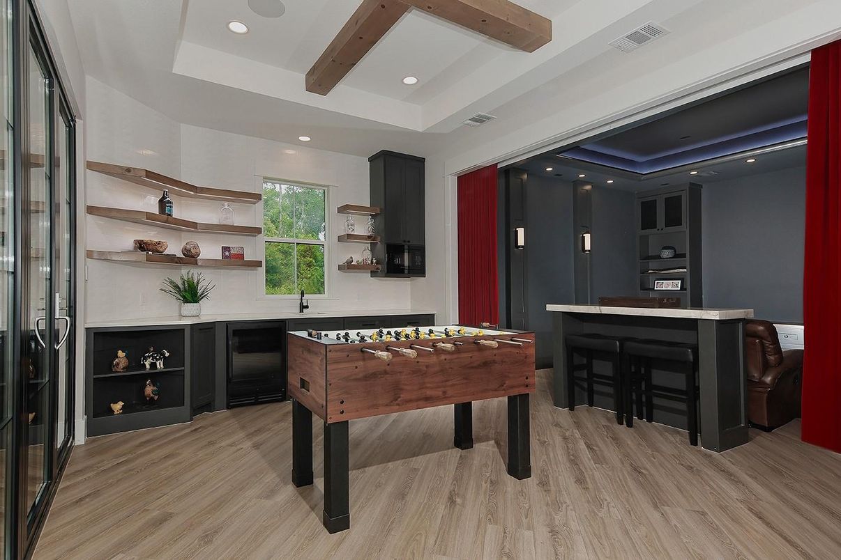 Game Room, Interior, Recessed Lighting, Wooden Beams, Wood Texture Flooring