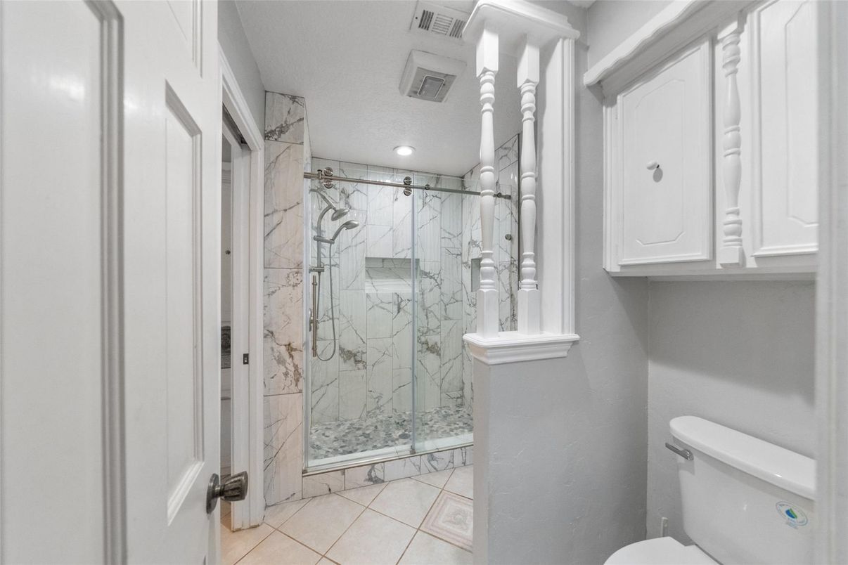 Bathroom, Glass Shower, Interior, Marble Walls, Recessed Lighting