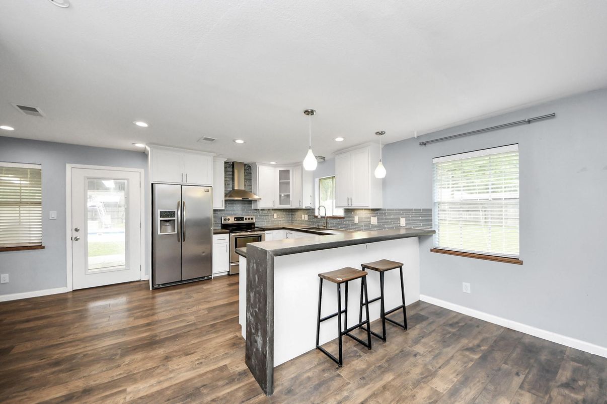 Interior, Kitchen, Pendant Lights, Recessed Lighting, Stainless Steel Appliances, Wood Texture Flooring