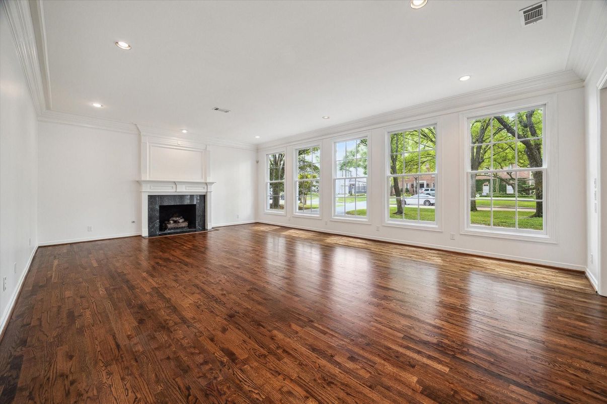 Empty room, Fireplace, Interior, Recessed Lighting, Wood Texture Flooring