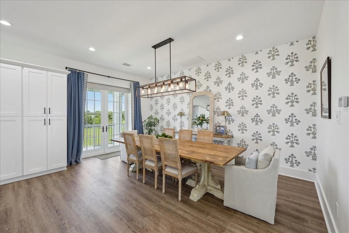Dining room, Interior, Pendant Lights, Recessed Lighting, Wood Texture Flooring