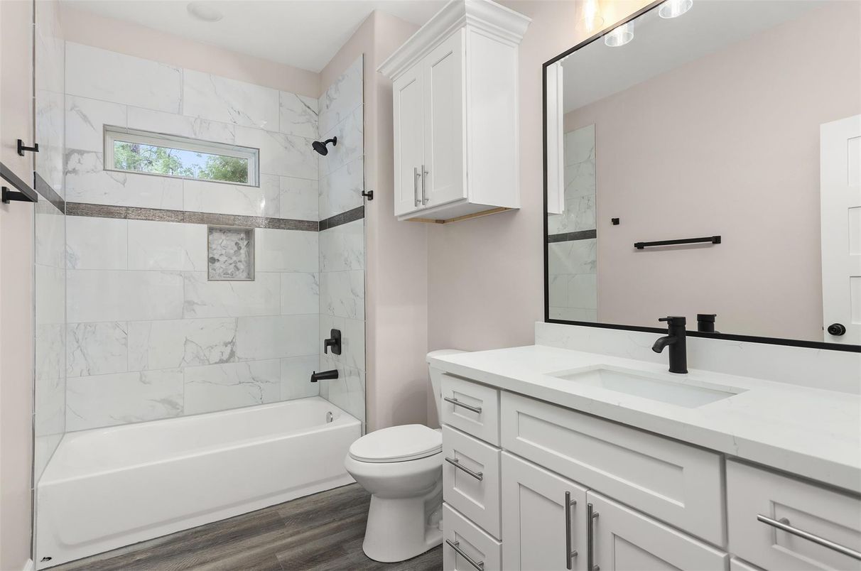 Bathroom, Interior, Marble Walls, Wood Texture Flooring