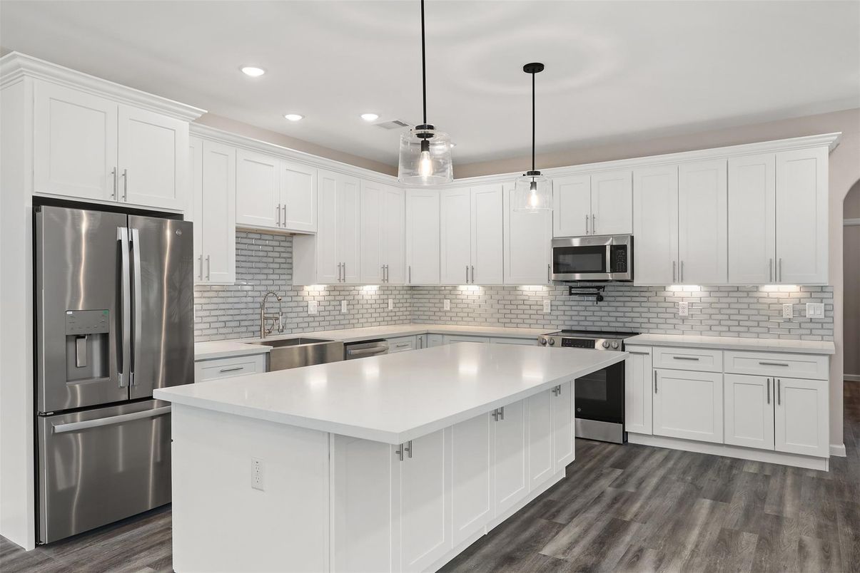Interior, Kitchen, Pendant Lights, Recessed Lighting, Stainless Steel Appliances, Wood Texture Flooring
