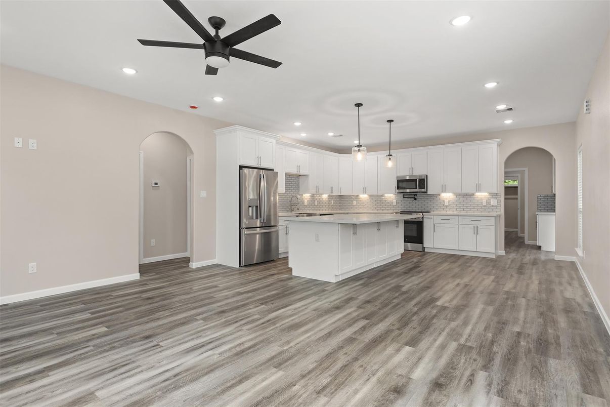 Interior, Kitchen, Pendant Lights, Recessed Lighting, Stainless Steel Appliances, Wood Texture Flooring