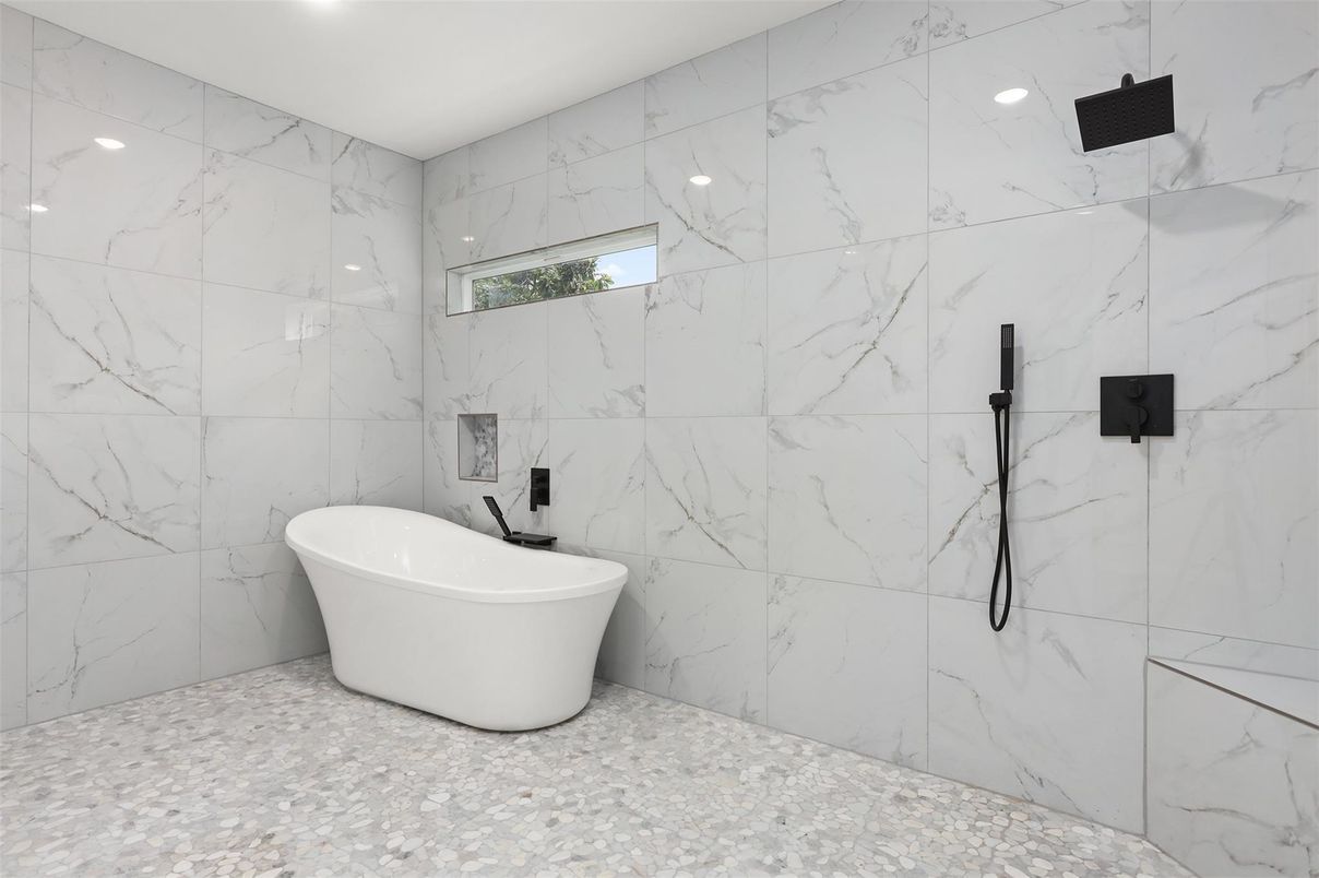 Bathroom, Free Standing Baths, Interior, Marble Walls, Recessed Lighting