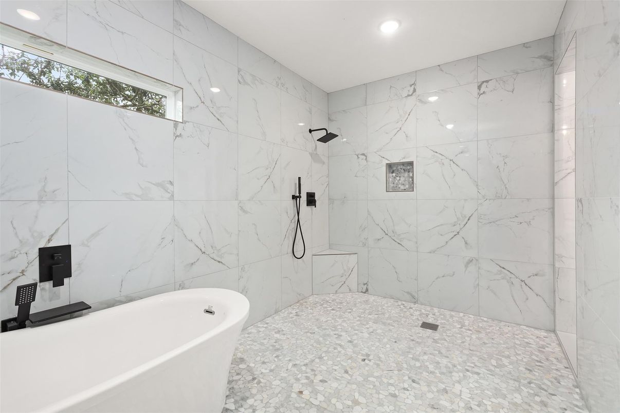 Bathroom, Free Standing Baths, Glass Shower, Interior, Marble Walls, Recessed Lighting