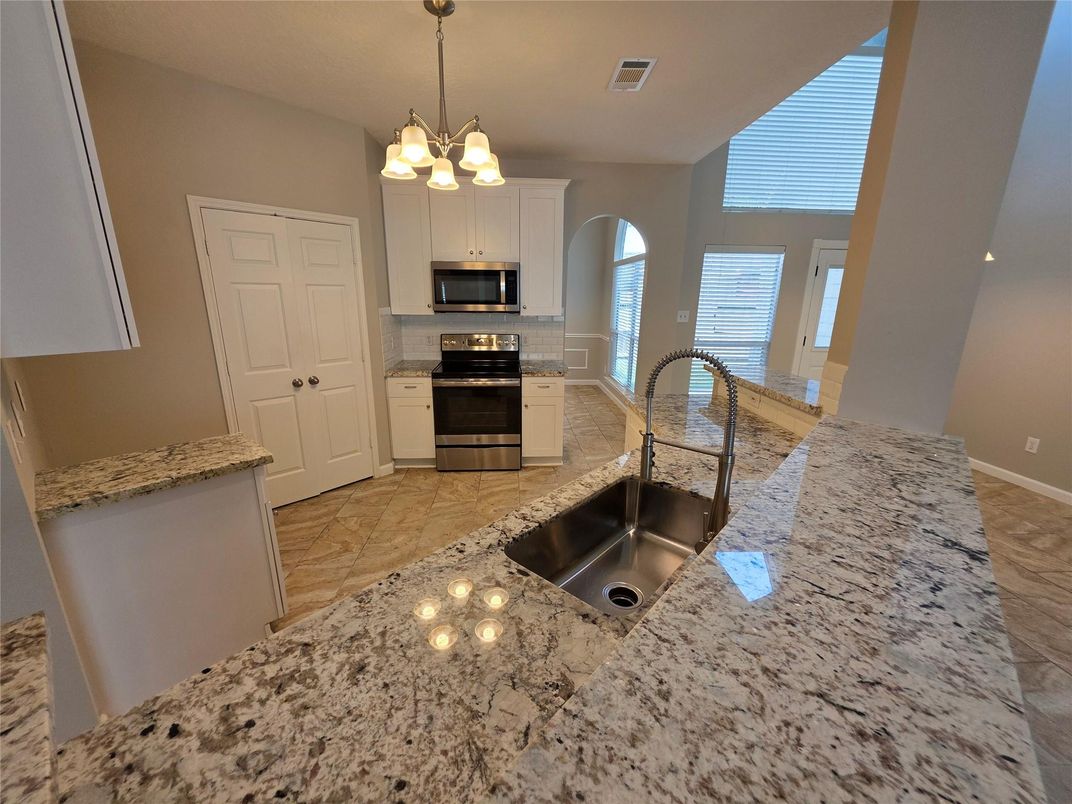 Chandelier, Interior, Kitchen, Pendant Lights, Stainless Steel Appliances