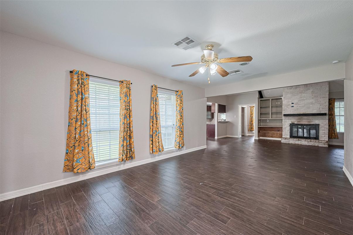 Empty room, Fireplace, Interior, Stone Walls, Wood Texture Flooring
