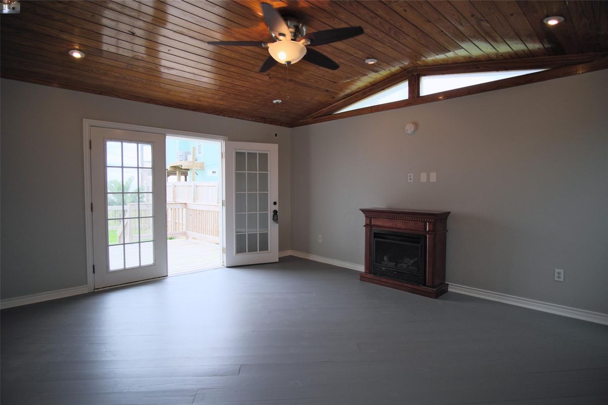 Empty room, Fireplace, Interior, Recessed Lighting, Wooden Ceilings, Wood Texture Flooring