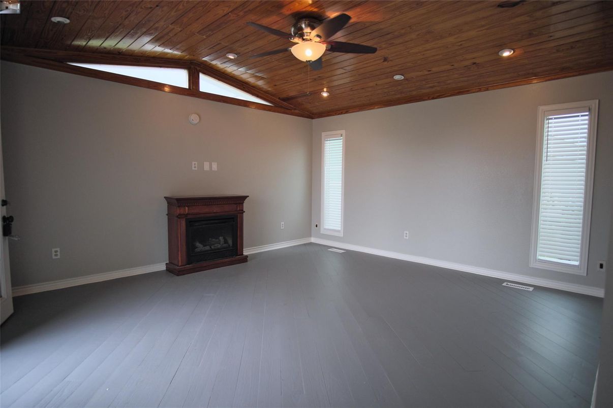 Empty room, Fireplace, Interior, Recessed Lighting, Wooden Ceilings, Wood Texture Flooring
