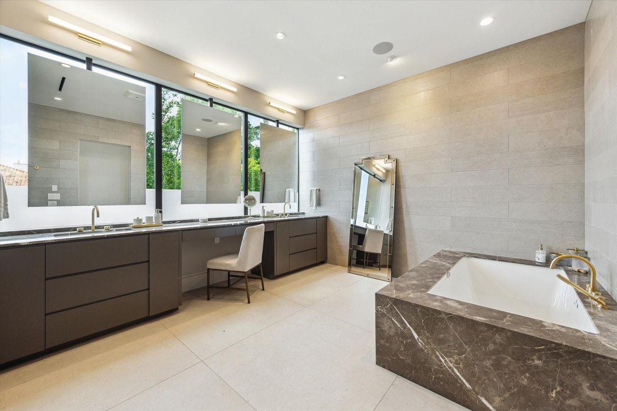 Bathroom, Dual Sink Vanities, Interior, Recessed Lighting, Stone Walls