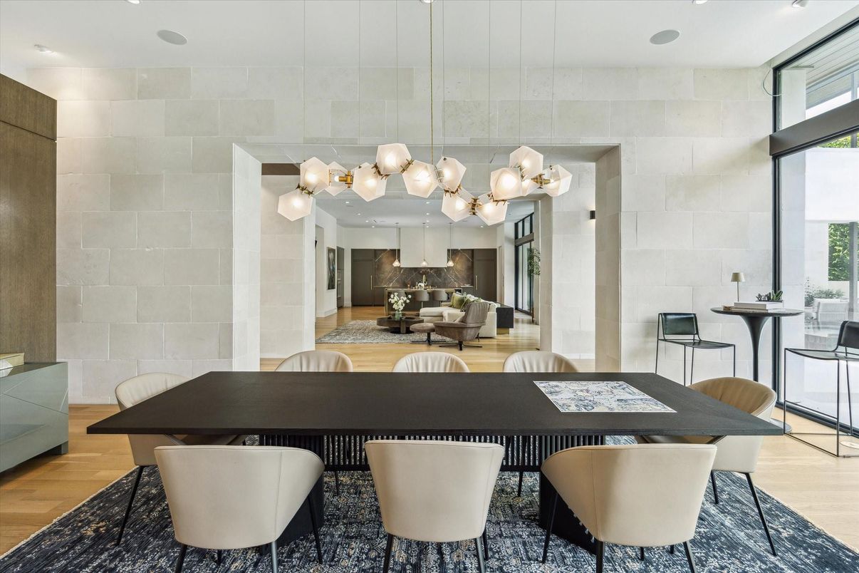 Dining room, Interior, Kitchen, Pendant Lights, Recessed Lighting, Stone Walls, Wood Texture Flooring
