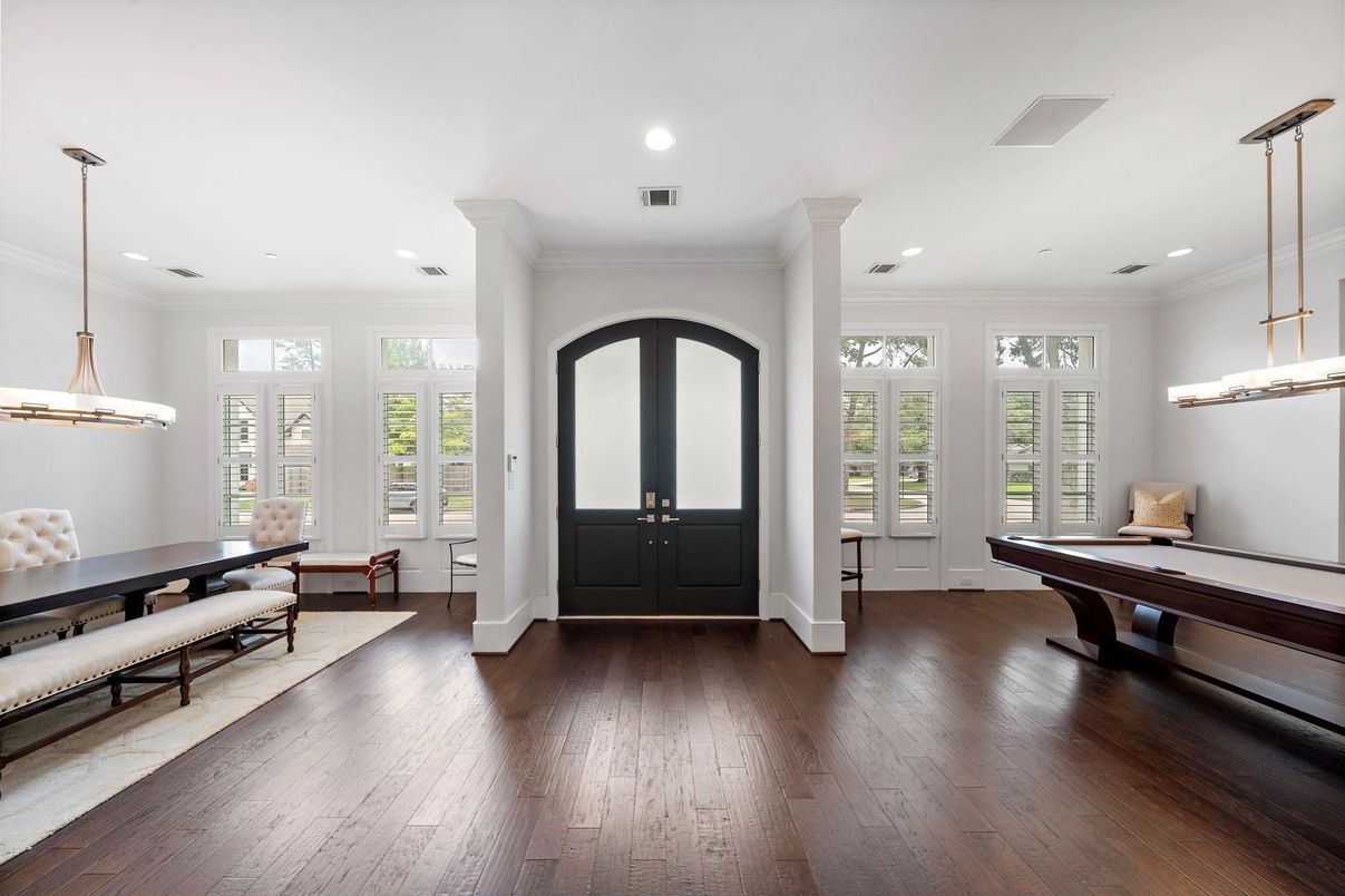Billiard Table, Game Room, Interior, Pendant Lights, Recessed Lighting, Wood Texture Flooring