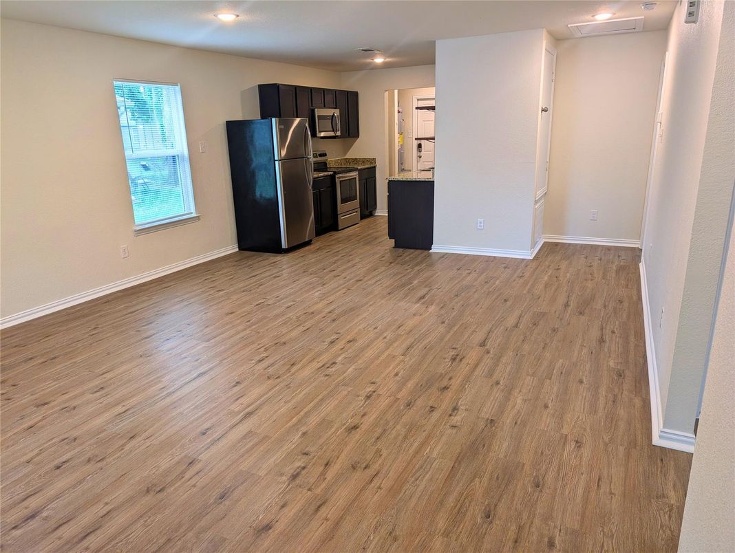 Empty room, Interior, Kitchen, Recessed Lighting, Wood Texture Flooring