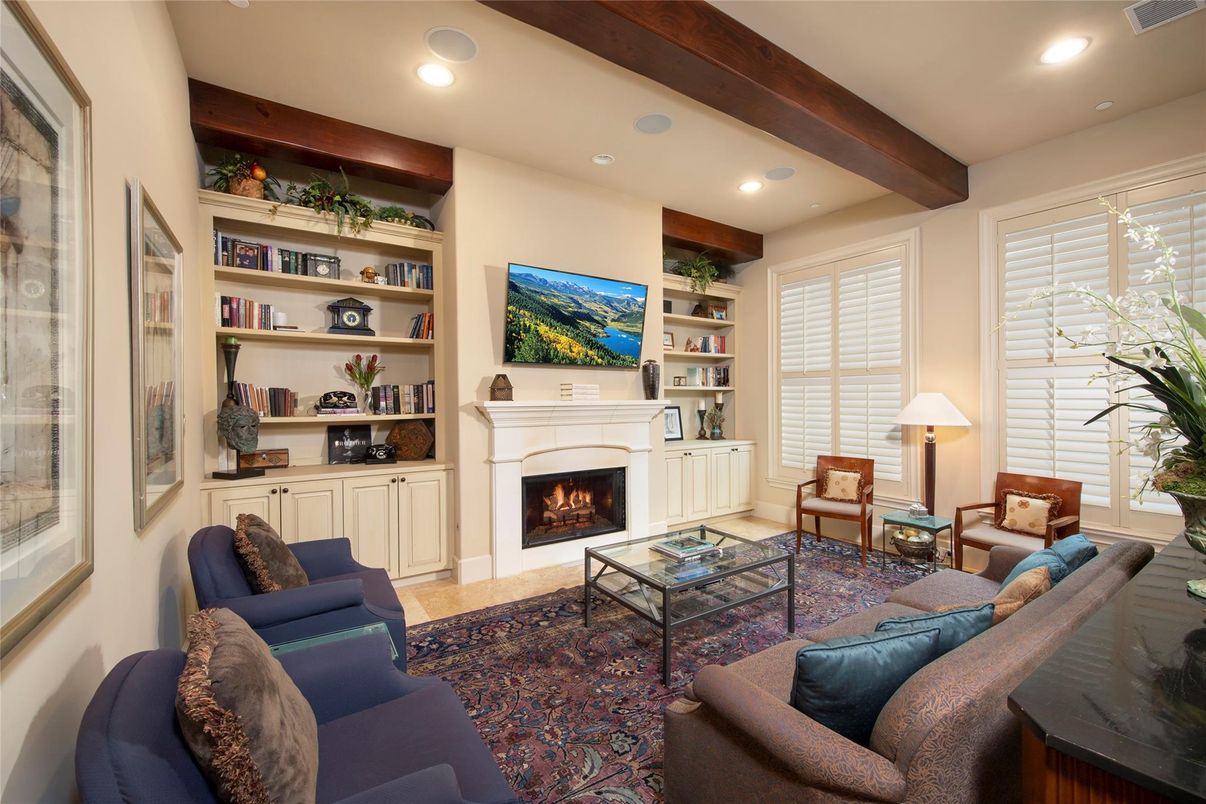 Fireplace, Interior, Living room, Recessed Lighting, Wooden Beams