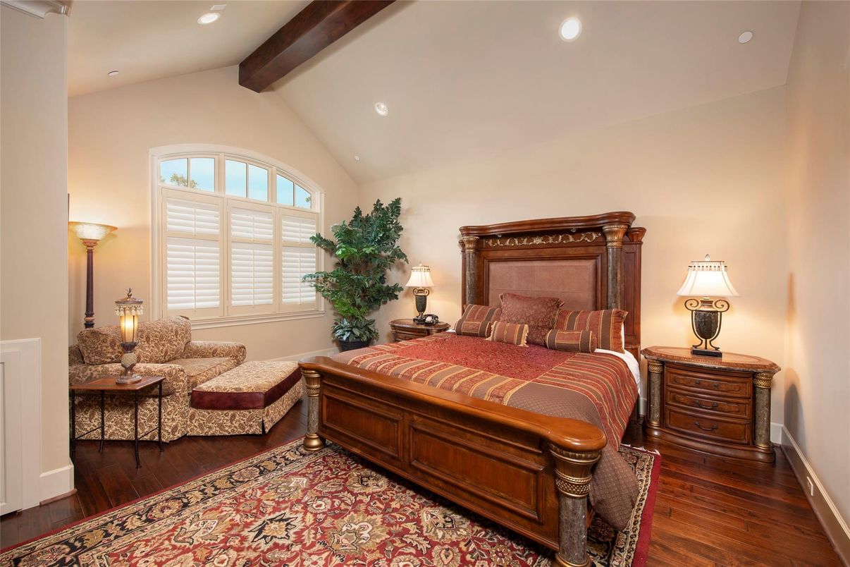Bedroom, Interior, Recessed Lighting, Wooden Beams, Wood Texture Flooring