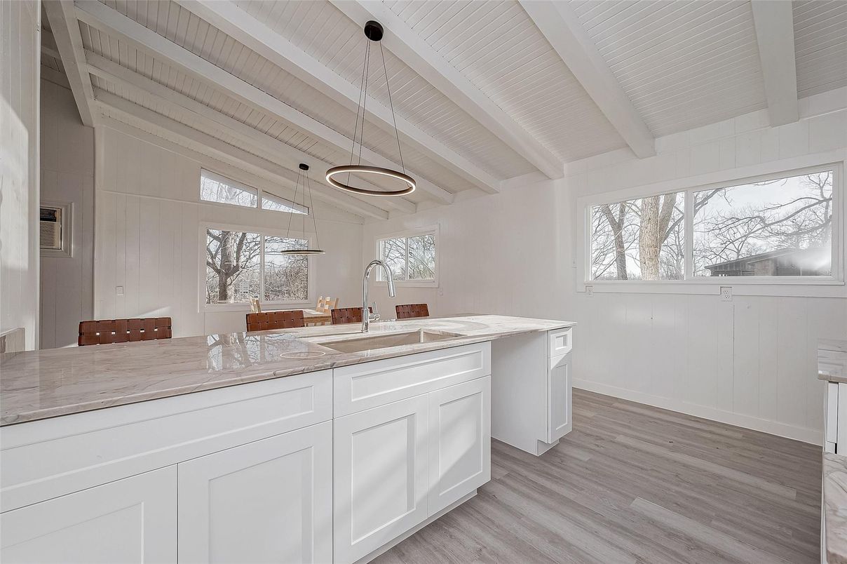 Interior, Kitchen, Pendant Lights, Wooden Ceilings, Wood Texture Flooring