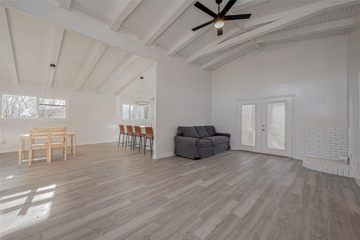 Dining room, Empty room, Interior, Pendant Lights, Wood Texture Flooring