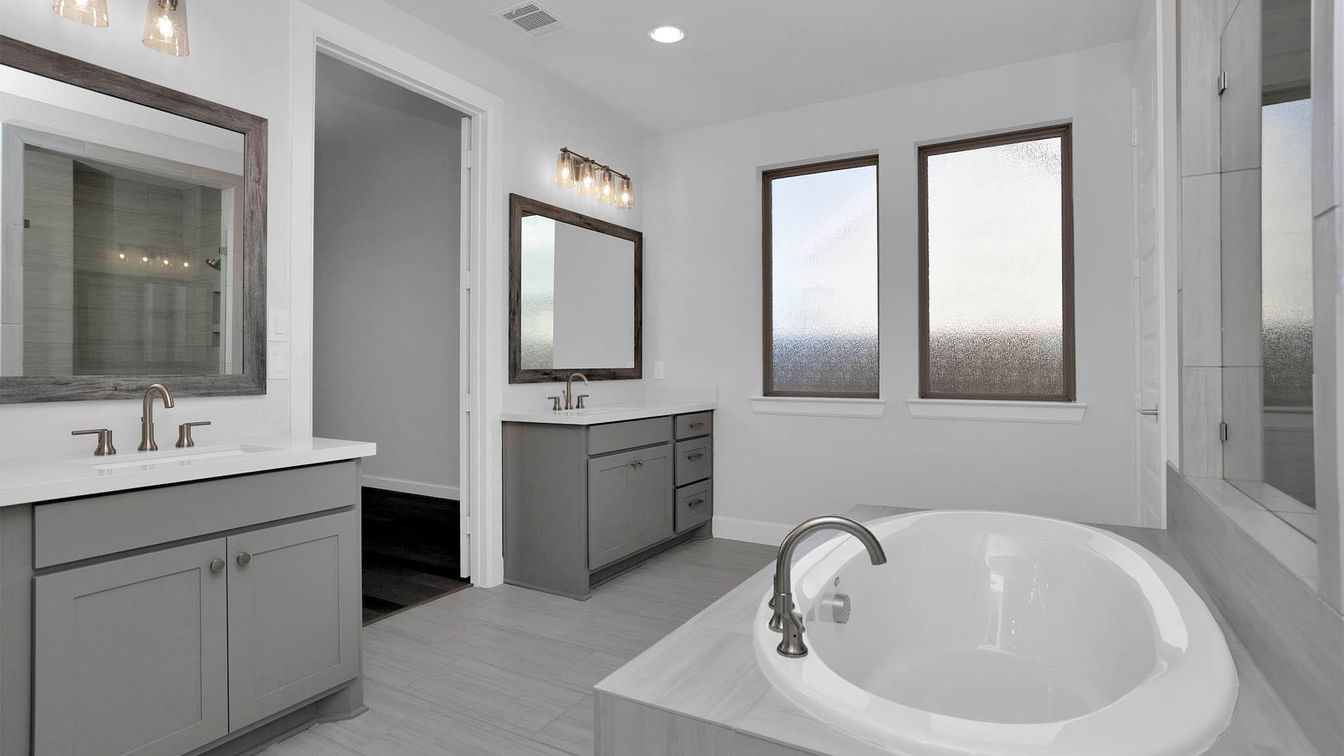 Bathroom, Dual Sink Vanities, Interior, Recessed Lighting, Wood Texture Flooring