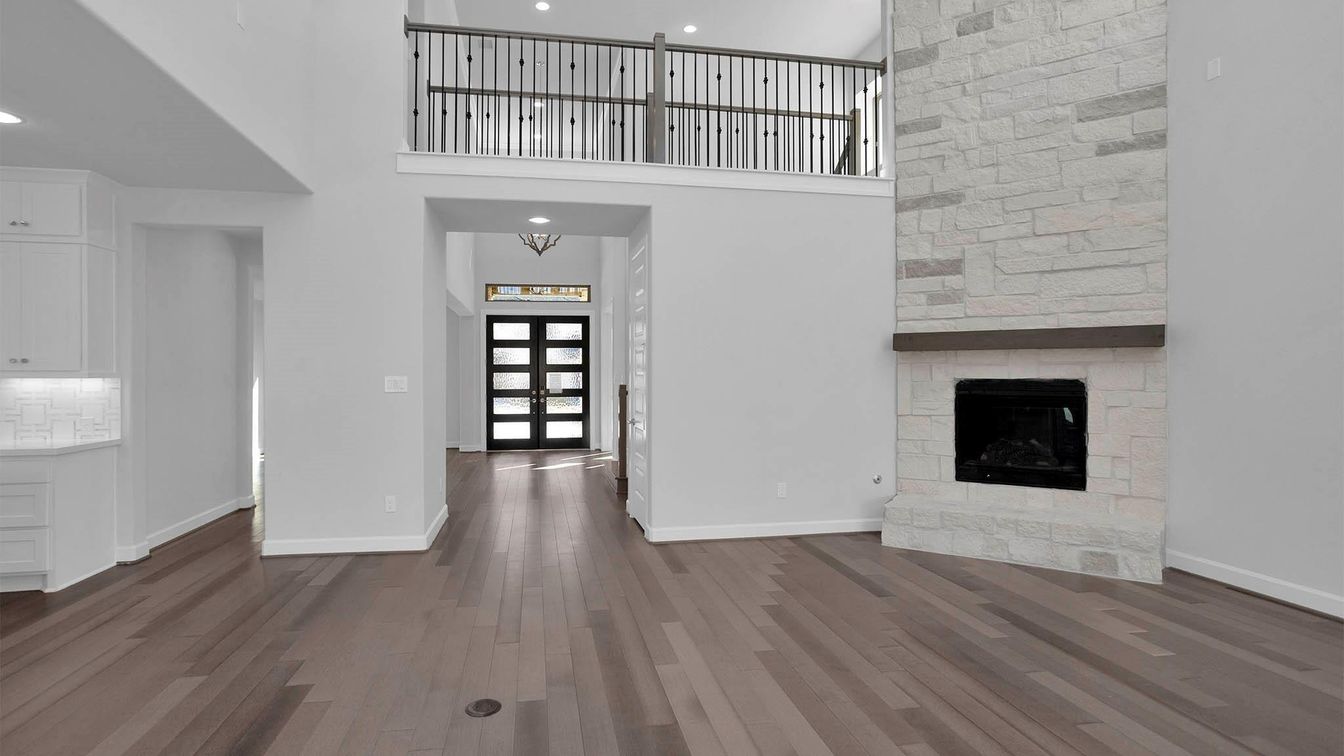 Fireplace, Interior, Recessed Lighting, Stone Walls, Wood Texture Flooring