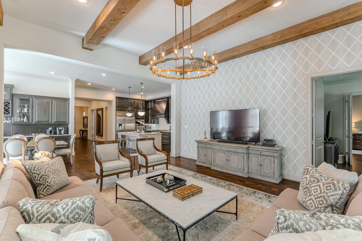 Chandelier, Interior, Kitchen, Living room, Pendant Lights, Recessed Lighting, Stainless Steel Appliances, Wooden Beams, Wood Texture Flooring