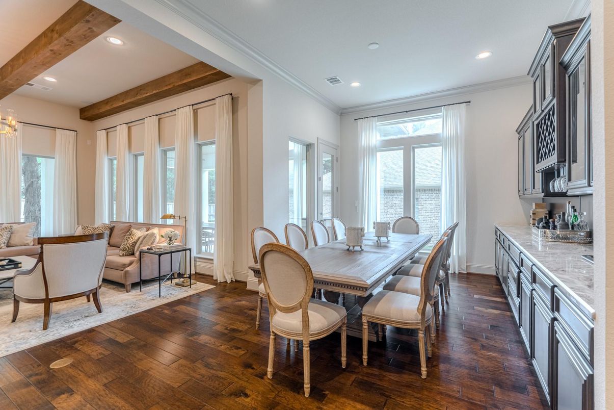 Dining room, Interior, Living room, Recessed Lighting, Wooden Beams, Wood Texture Flooring