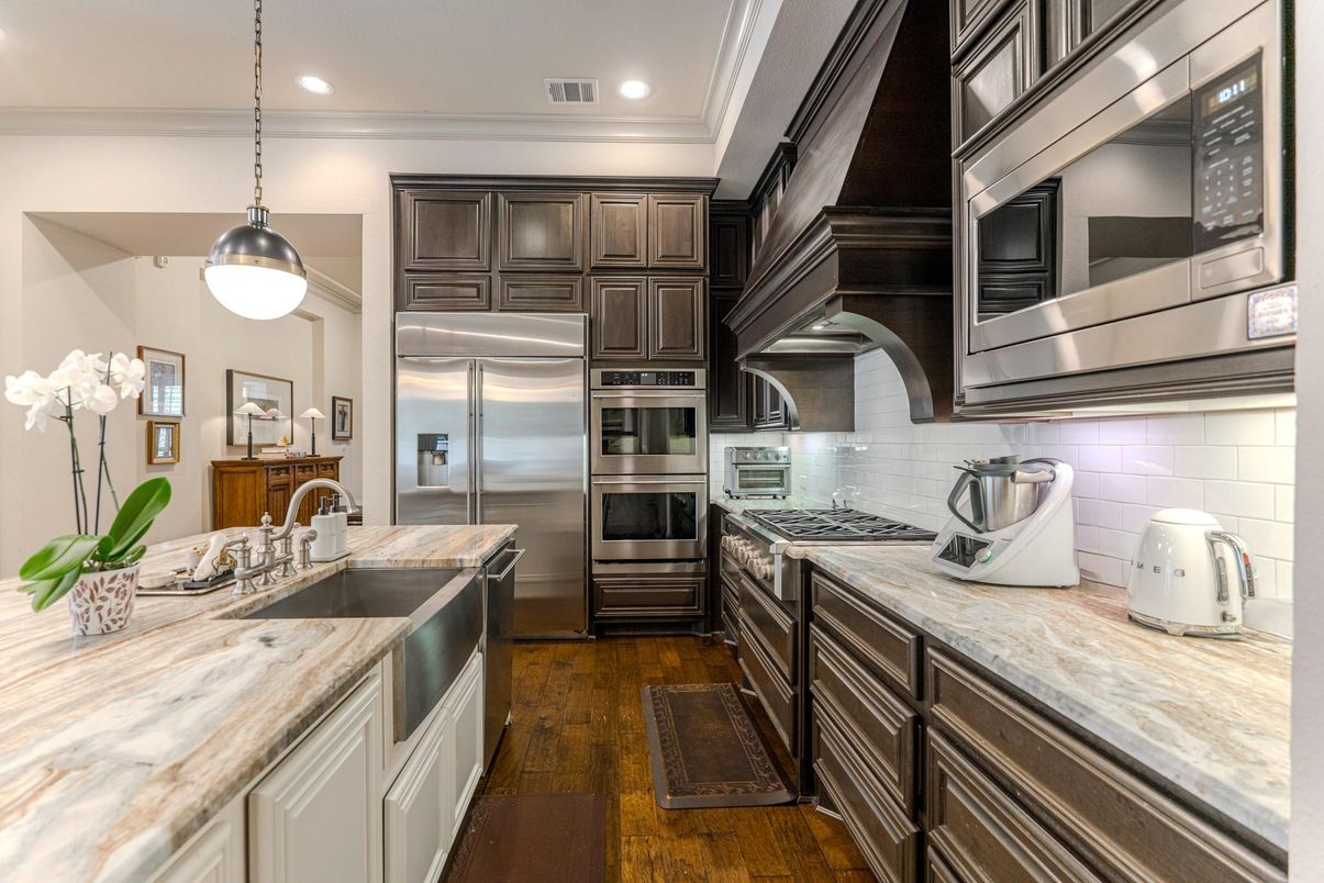 Interior, Kitchen, Pendant Lights, Recessed Lighting, Stainless Steel Appliances, Wood Texture Flooring