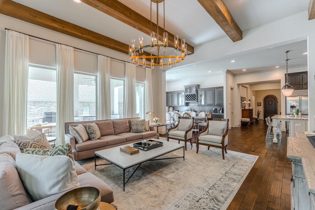 Chandelier, Interior, Kitchen, Living room, Pendant Lights, Recessed Lighting, Wooden Beams, Wood Texture Flooring