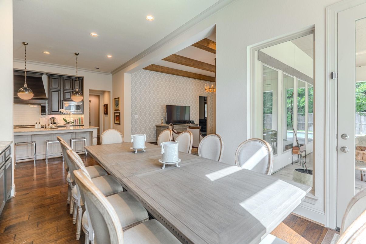 Dining room, Interior, Kitchen, Pendant Lights, Recessed Lighting, Stainless Steel Appliances, Wooden Beams, Wood Texture Flooring