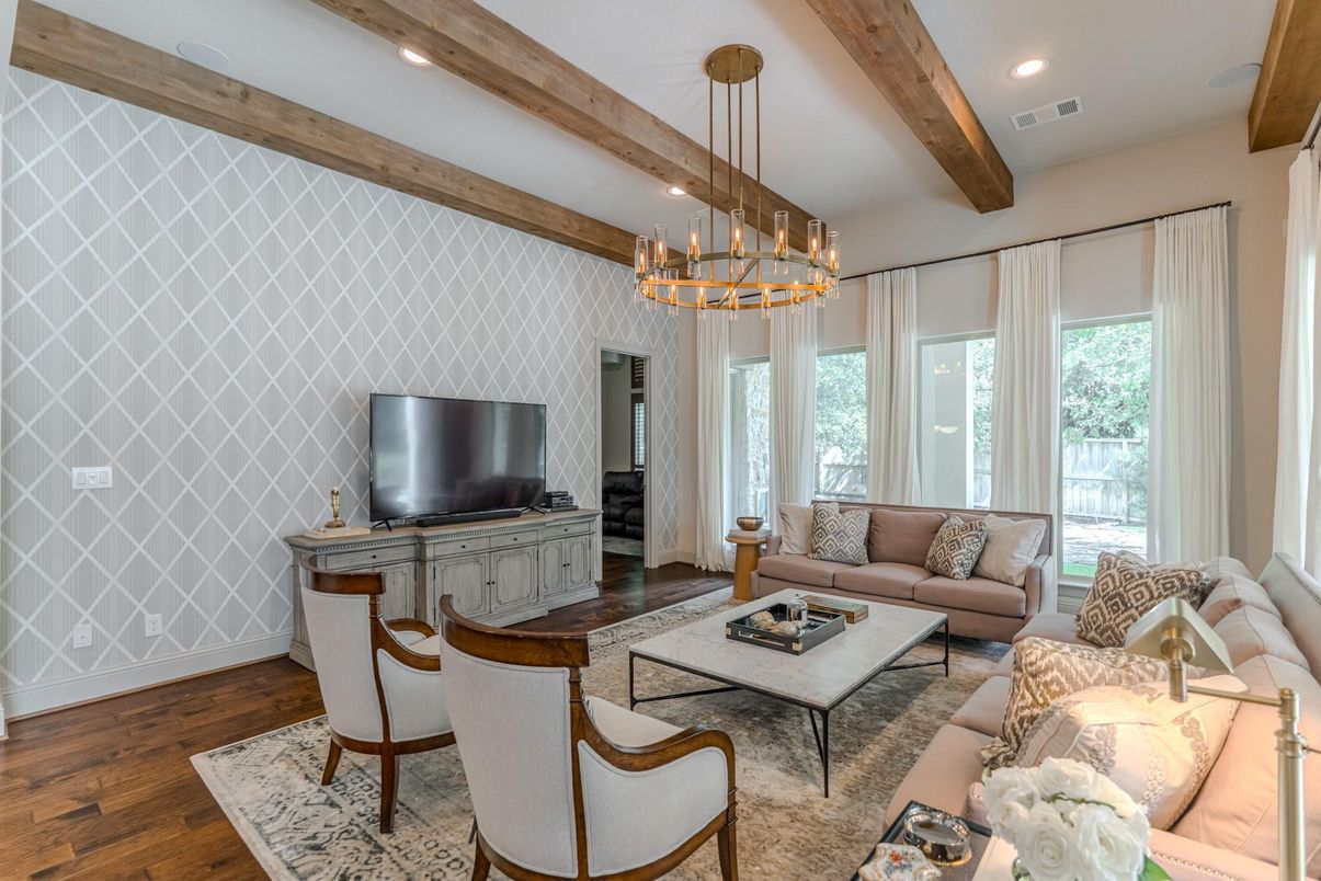 Interior, Living room, Pendant Lights, Recessed Lighting, Wooden Beams, Wood Texture Flooring