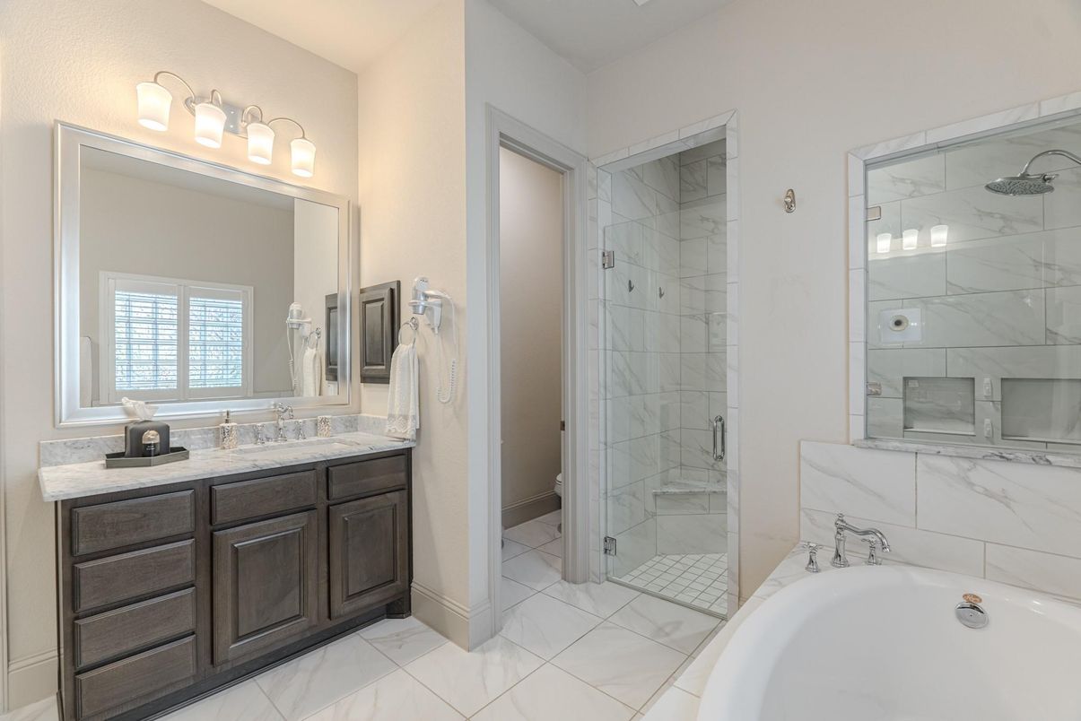 Bathroom, Dual Sink Vanities, Glass Shower, Interior, Marble, Marble Walls