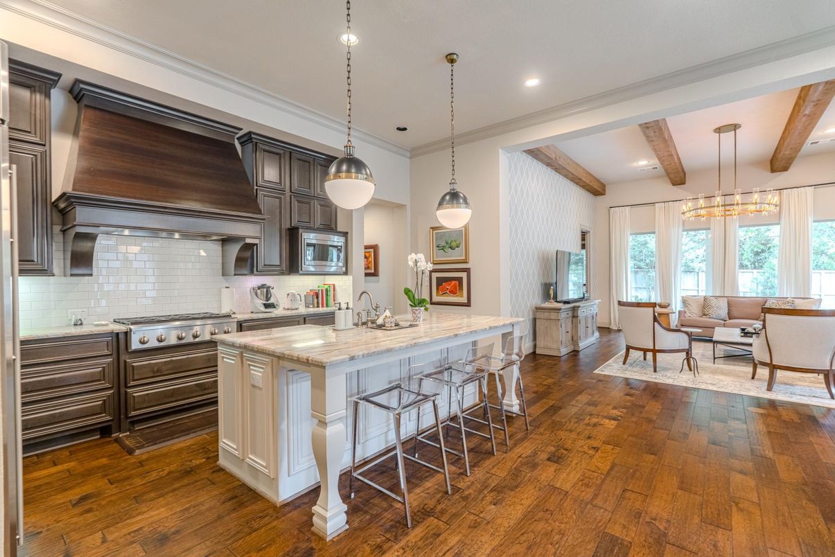 Dining room, Interior, Kitchen, Living room, Pendant Lights, Recessed Lighting, Stainless Steel Appliances, Wooden Beams, Wood Texture Flooring