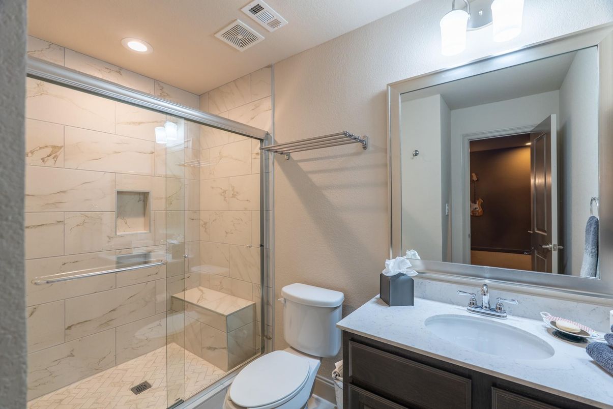 Bathroom, Glass Shower, Interior, Marble Walls, Recessed Lighting