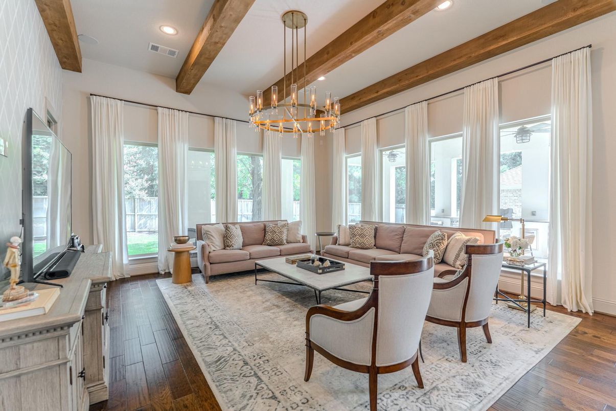 Chandelier, Interior, Living room, Recessed Lighting, Wooden Beams, Wood Texture Flooring