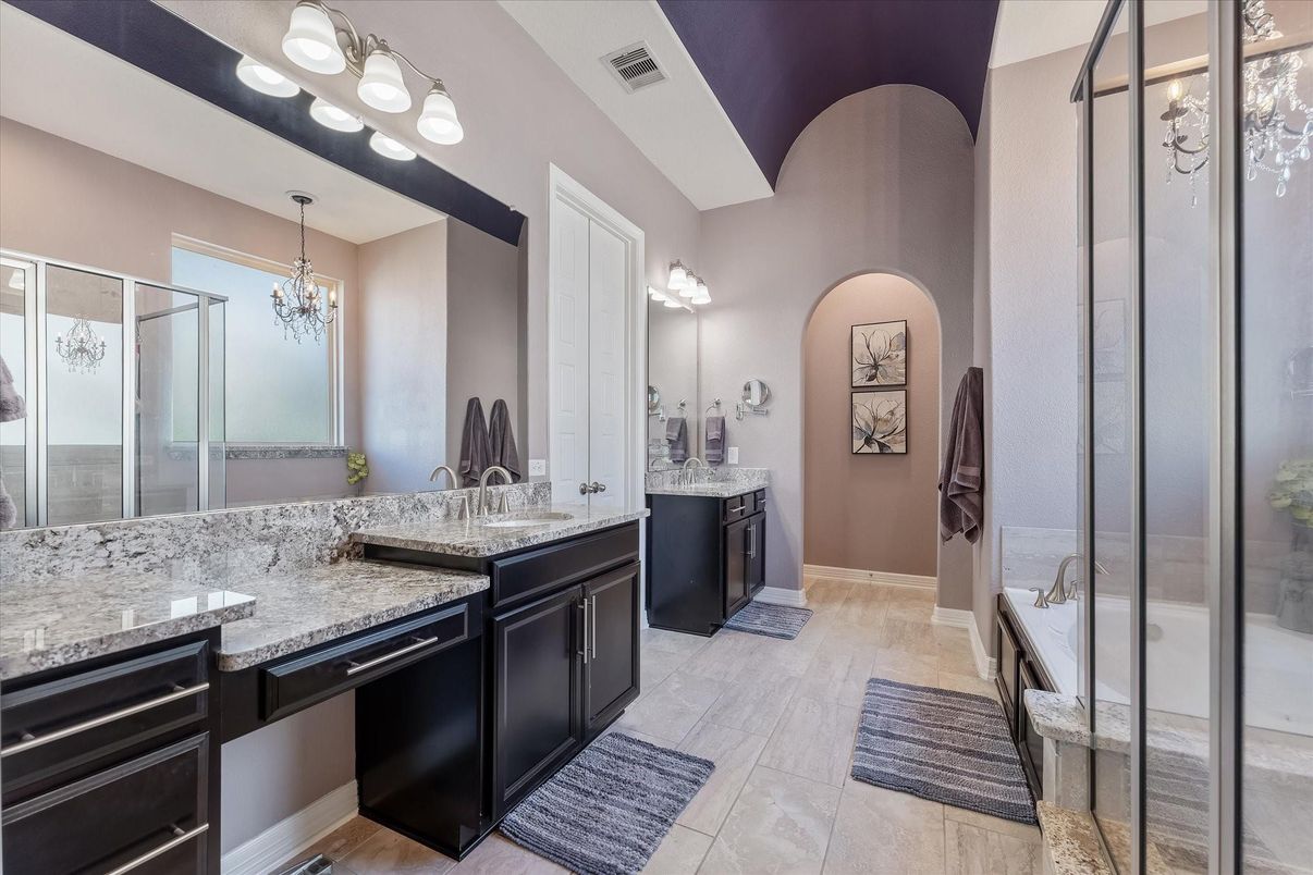 Bathroom, Chandelier, Dual Sink Vanities, Glass Shower, Interior