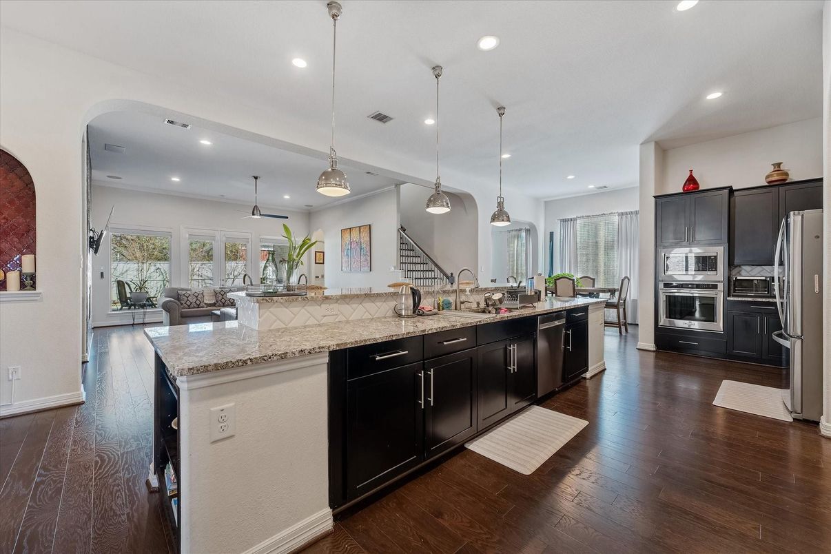 Interior, Kitchen, Pendant Lights, Recessed Lighting, Stainless Steel Appliances, Wood Texture Flooring