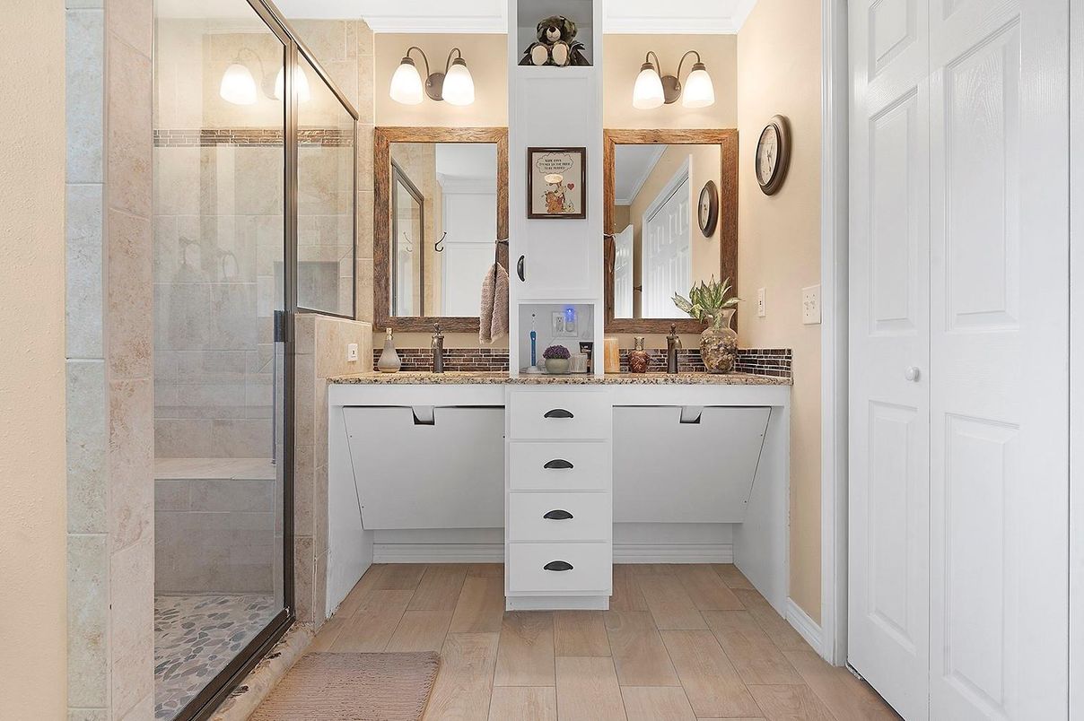 Bathroom, Glass Shower, Interior, Wood Texture Flooring