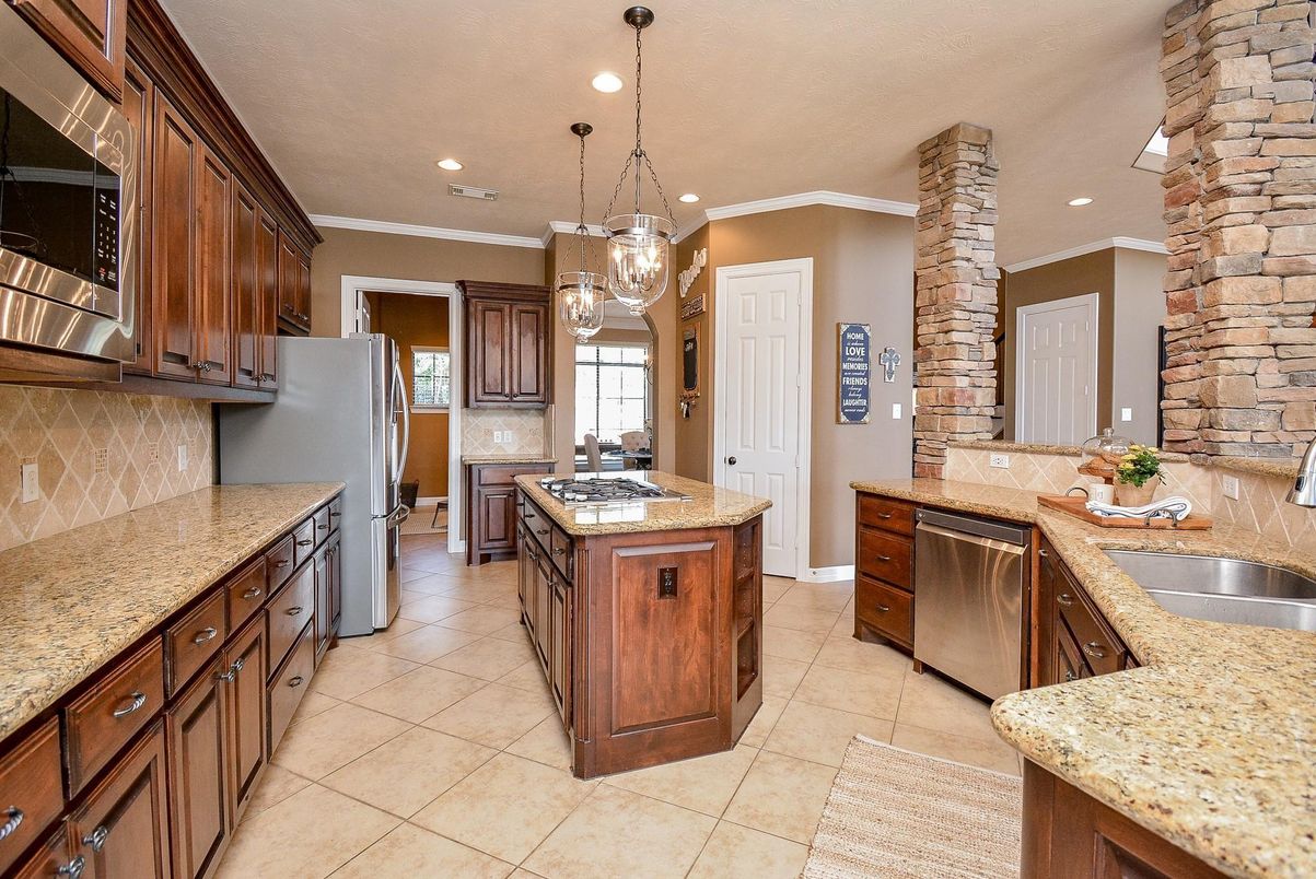 Interior, Kitchen, Pendant Lights, Recessed Lighting, Stainless Steel Appliances, Stone Walls