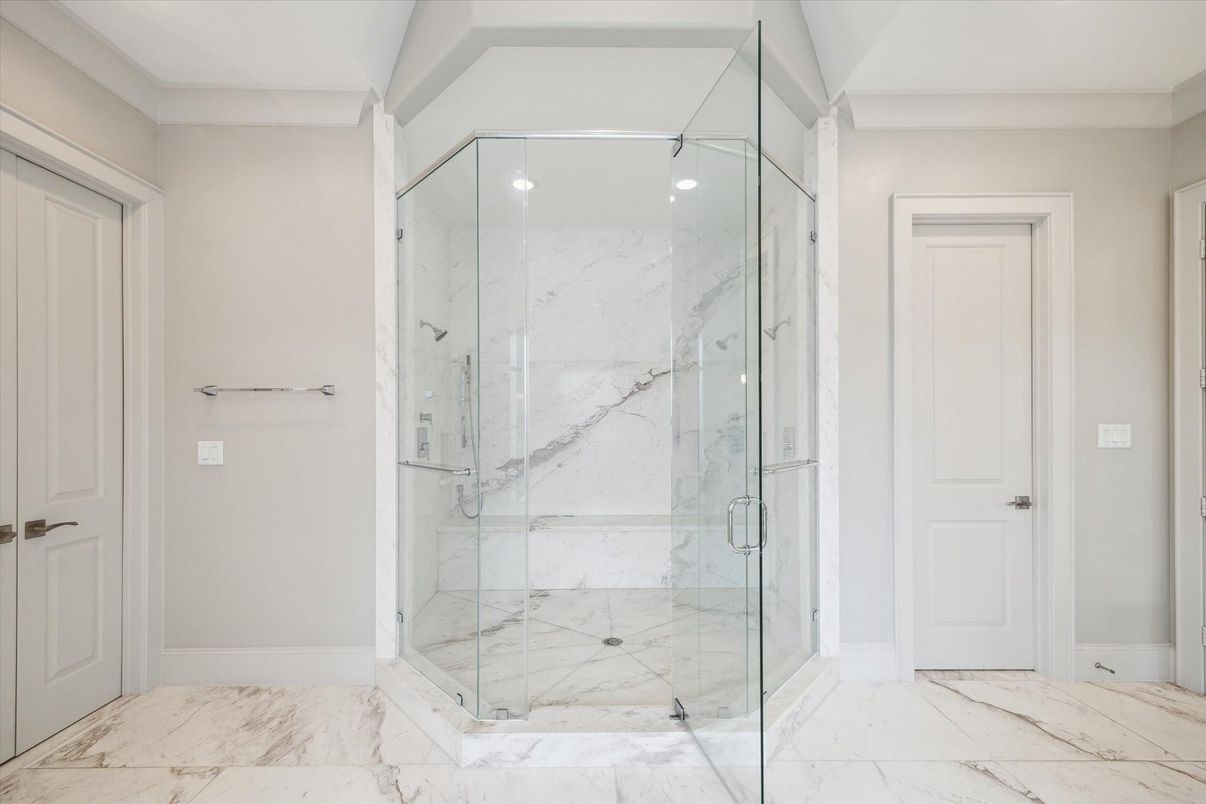 Bathroom, Glass Shower, Interior, Marble, Marble Walls, Recessed Lighting