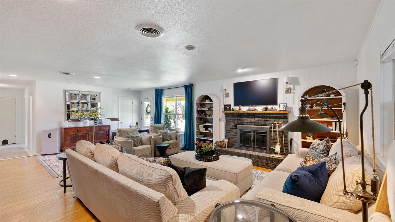 Fireplace, Interior, Living room, Recessed Lighting, Wood Texture Flooring