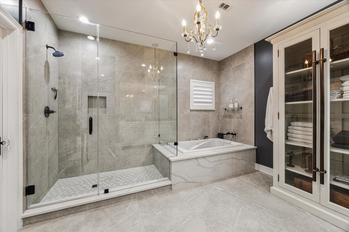 Bathroom, Chandelier, Glass Shower, Interior, Recessed Lighting