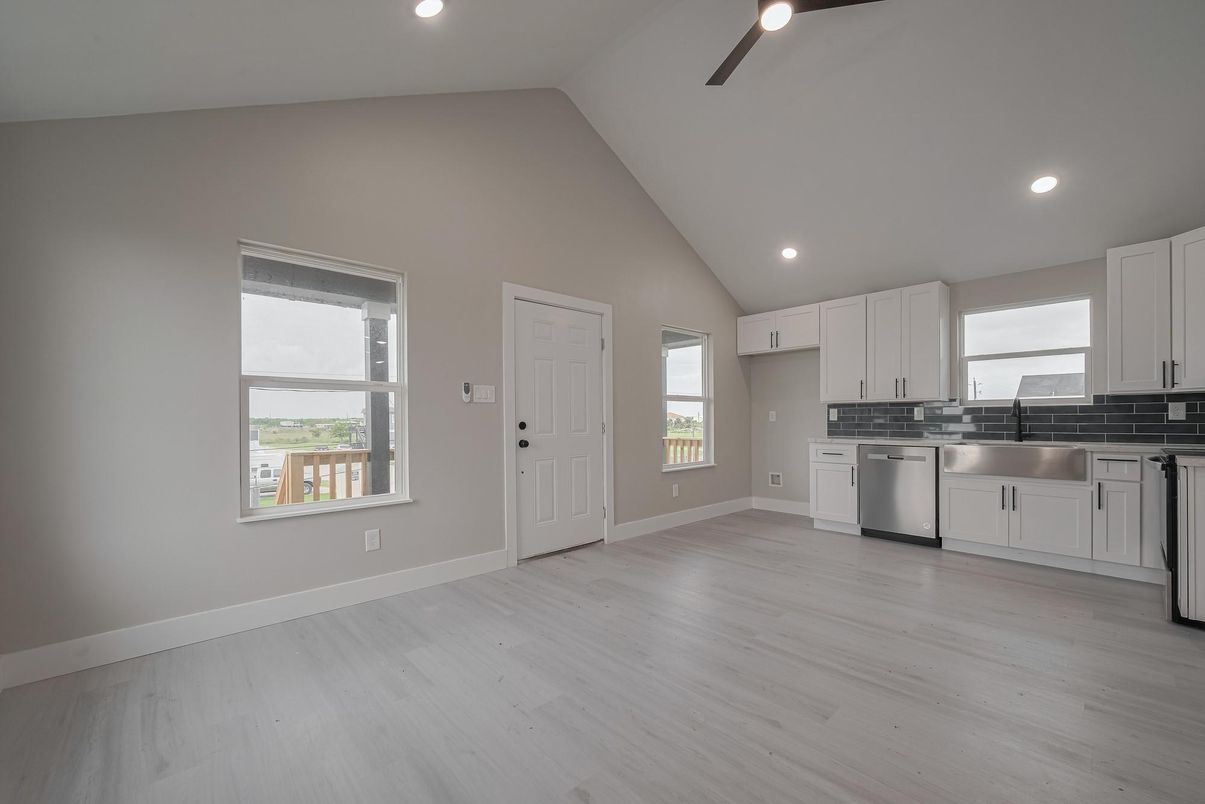 Empty room, Interior, Kitchen, Recessed Lighting, Wood Texture Flooring