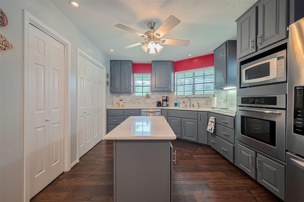 Interior, Kitchen, Recessed Lighting, Stainless Steel Appliances, Wood Texture Flooring