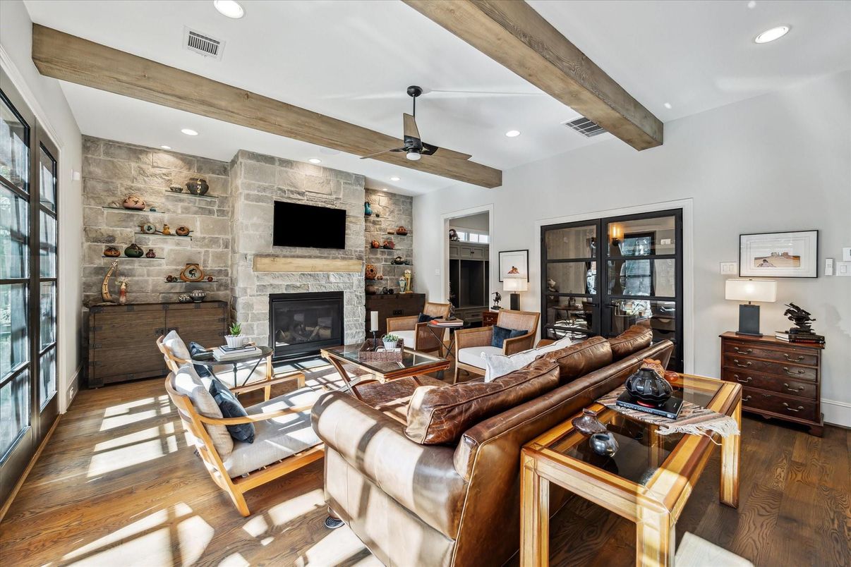 Fireplace, Interior, Living room, Recessed Lighting, Stone Walls, Wooden Beams, Wood Texture Flooring