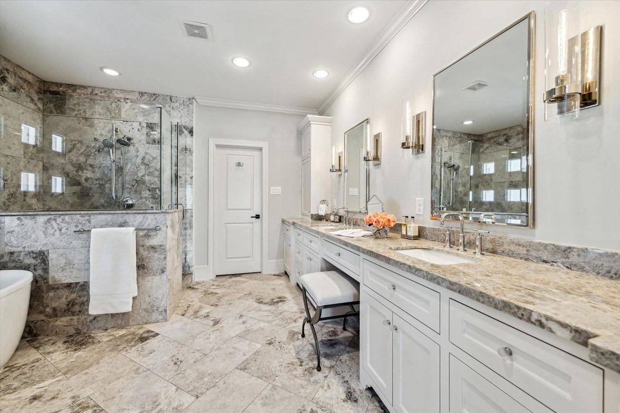 Bathroom, Dual Sink Vanities, Glass Shower, Interior, Recessed Lighting