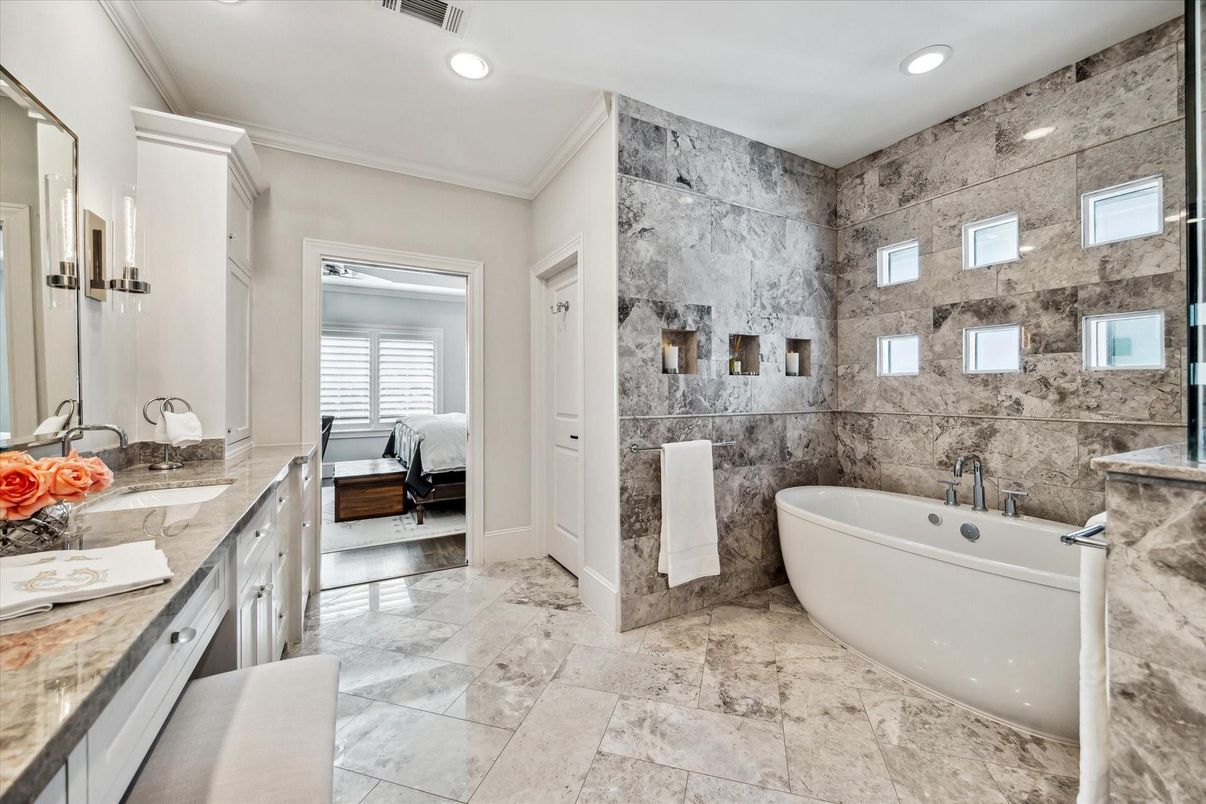 Bathroom, Bedroom, Dual Sink Vanities, Free Standing Baths, Interior, Recessed Lighting
